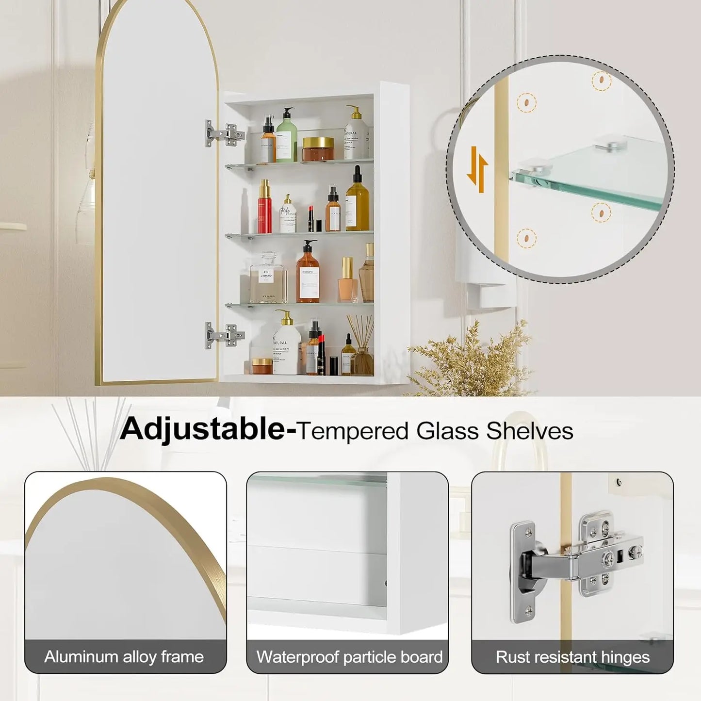 Gold Wall Mounted Medicine Cabinet with Mirror Storage