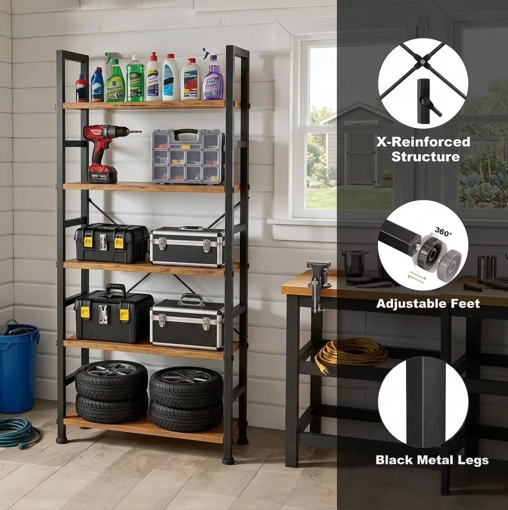 5-Tier Industrial Black Freestanding Bookcase & Shelving Rack