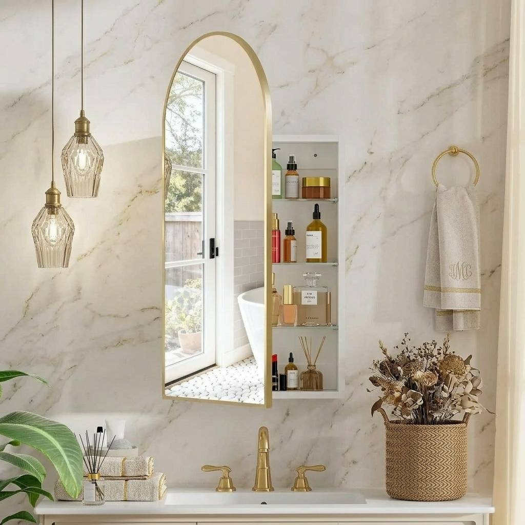 Gold Wall Mounted Medicine Cabinet with Mirror Storage